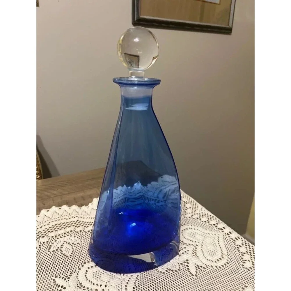 Blue Italian Crystal Glass Decanter with Ball Stopper